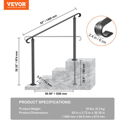 Wrought Iron Handrail, Fit 2 or 3 Steps Outdoor Stair Railing, Adjustable Front Porch Hand Rail, Black Transitional Hand railings for Concrete Steps or Wooden Stairs with Installation Kit
