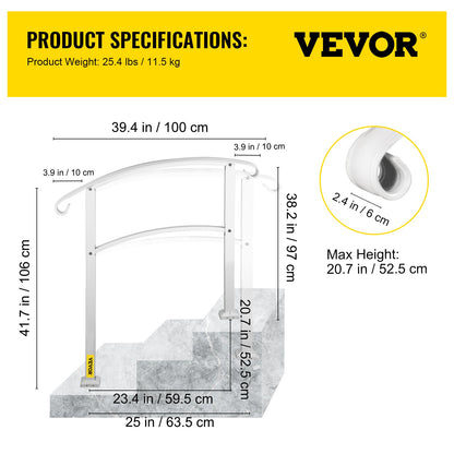 3-stegs ledstänger för utomhustrappor Passar 1 eller 3 steg Mattvitt trappräcke Smidesjärnsledstänger med installationskit Ledstänger för utomhustrappor