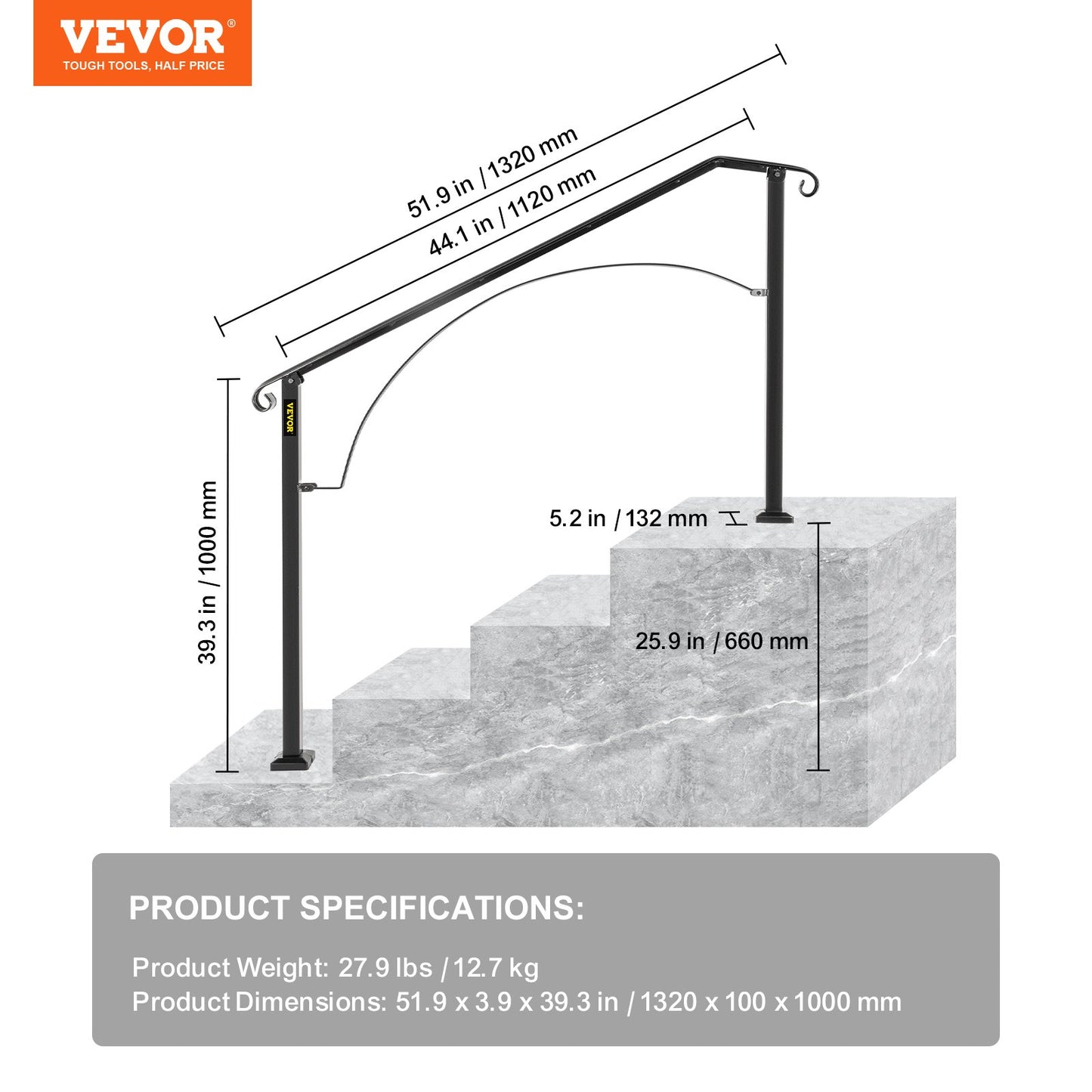 Ledstänger för utomhustrappor, passar för 3 eller 4 steg utomhusräcke, smidesjärnsledstänger i Arch#3, flexibelt verandaräcke, svarta övergångsledstänger för betongtrappor eller trätrappor