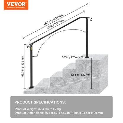 Ledstänger för utomhustrappor, passar för 4 eller 5 steg utomhusräcke, smidesjärnsräcke Arch#4, flexibelt verandaräcke, svarta övergångsledstänger för betongtrappor eller trätrappor