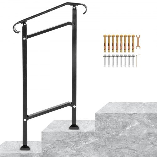 Wrought Iron Handrail, Fit 1 or 2 Steps Outdoor Stair Railing, Adjustable Front Porch Hand Rail, Black Transitional Hand Railings for Concrete Steps or Wooden Stairs with Installation Kit