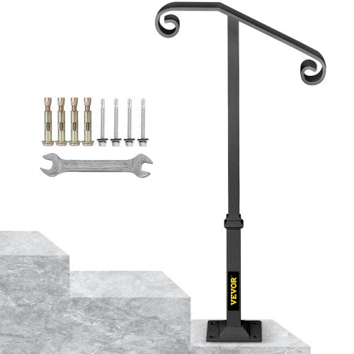 Dark Gray Single Post Handrail Fits 1 or 2 Steps Handrail Wrought Iron Single Post Wrought Iron Rail Single Post Railing Ornamental Top Hand Rail Stairs with Hardware for Outdoors Steps