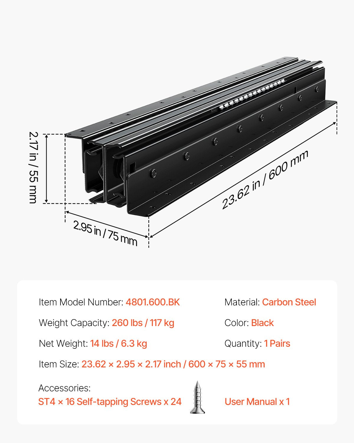 Undermonterade lådskenor, 24 tum, fullt utdragbara kullagerskenor för skåp under trappan, 260 LB lastkapacitet kraftiga skåpsskenor för bottentrappan, för gör-det-själv-byte, svart