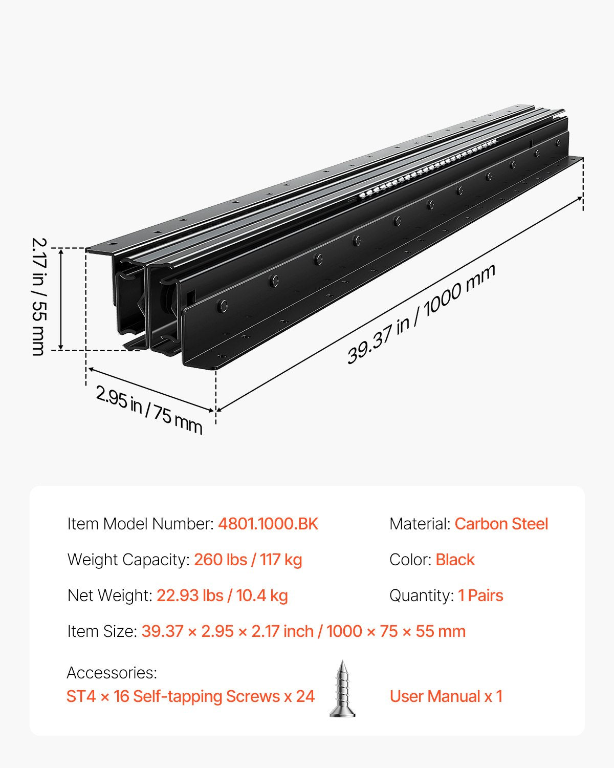 Undermount Drawer Slides, 40 inch, Full Extension Ball Bearing Under Stair Cabinet Rails, 260 LB Load Capacity Heavy Duty Bottom Stair Cabinet Glides Track Runners,for DIY Replacement, Black