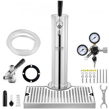 Kegerator Tower Kit, Single Tap Beer Conversion Kit, Stainless Steel Keg Beer Tower Dispenser with Dual Gauge W21.8 Regulator & S-System Keg Coupler, Beer Drip Tray for Party Home