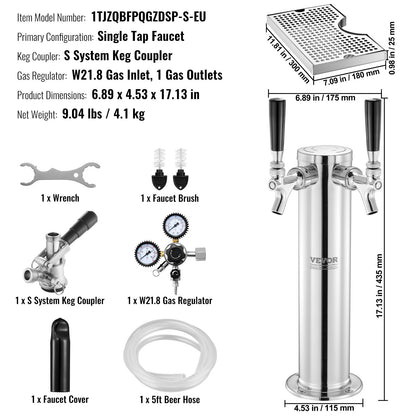 Kegerator Tower Kit, Single Tap Beer Conversion Kit, Stainless Steel Keg Beer Tower Dispenser with Dual Gauge W21.8 Regulator & S-System Keg Coupler, Beer Drip Tray for Party Home