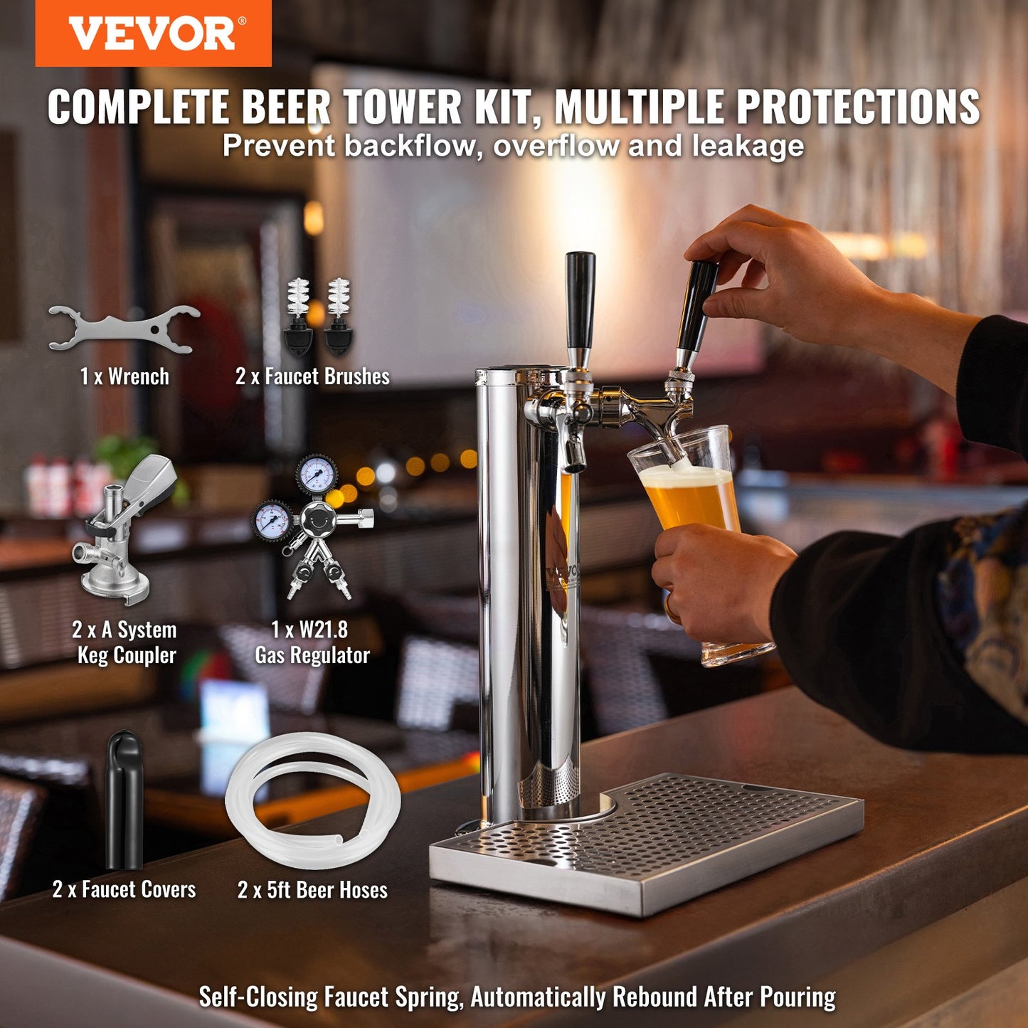 Kegerator Tower Kit, Dual Taps Beer Conversion Kit, Stainless Steel Keg Beer Tower Dispenser with Dual Gauge W21.8 Regulator & A-System Keg Coupler, Beer Drip Tray for Party Home