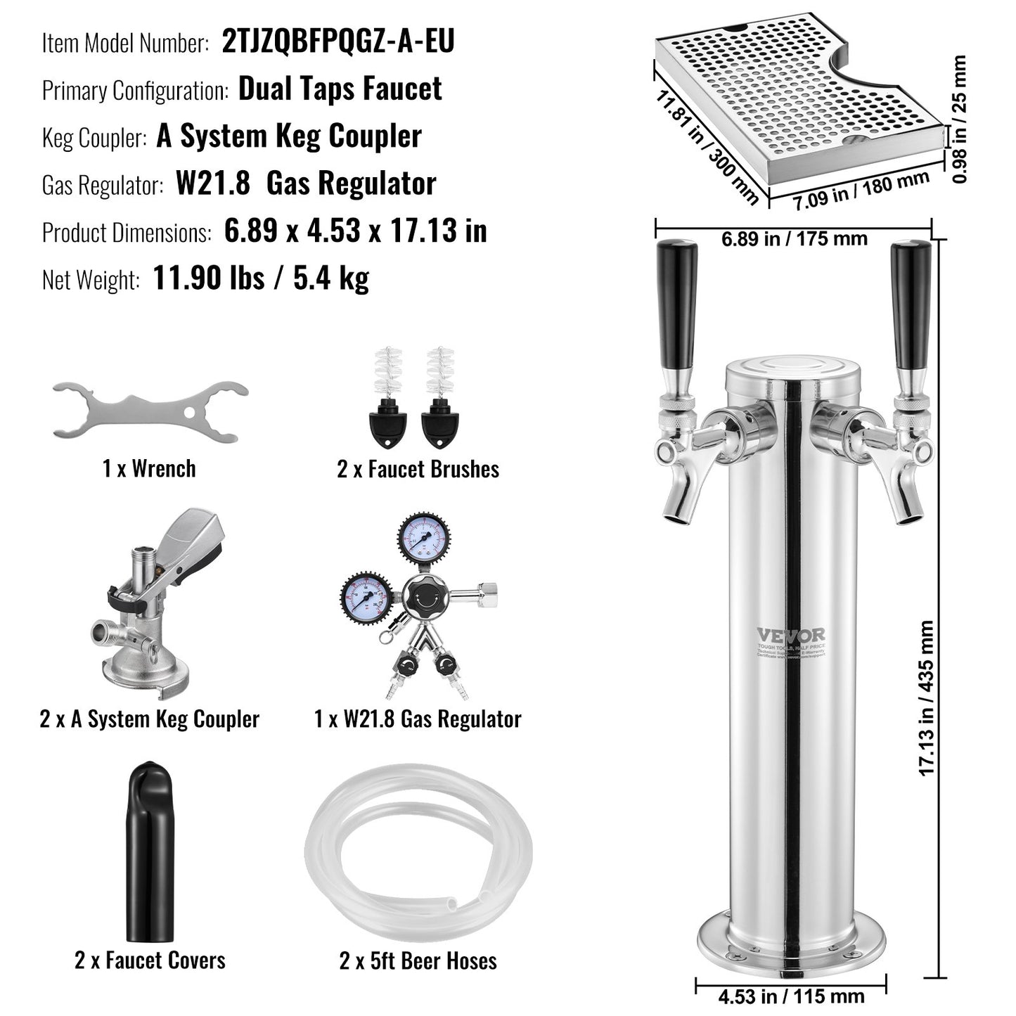 Kegerator Tower Kit, Dual Taps Beer Conversion Kit, Stainless Steel Keg Beer Tower Dispenser with Dual Gauge W21.8 Regulator & A-System Keg Coupler, Beer Drip Tray for Party Home