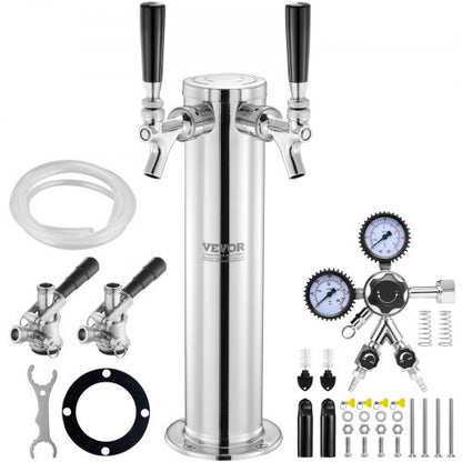 Kegerator Tower Kit, Dual Taps Beer Conversion Kit, Stainless Steel Keg Beer Tower Dispenser with Dual Gauge W21.8 Regulator & S-System Keg Coupler for Party Home