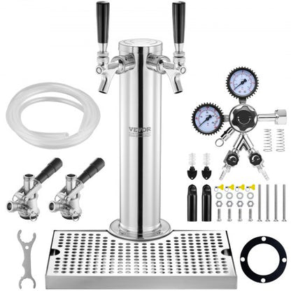 Kegerator Tower Kit, ölkonverteringskit med dubbla kranar, öltornsdispenser i rostfritt stål med dubbel mätare, W21.8-regulator och S-System-fatkoppling, droppbricka för öl för fester och hem.