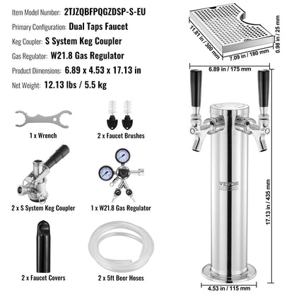 Kegerator Tower Kit, ölkonverteringskit med dubbla kranar, öltornsdispenser i rostfritt stål med dubbel mätare, W21.8-regulator och S-System-fatkoppling, droppbricka för öl för fester och hem.
