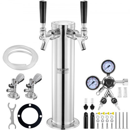 Kegerator Tower Kit, Dual Taps Beer Conversion Kit, Stainless Steel Keg Beer Tower Dispenser with Dual Gauge W21.8 Regulator & A-System Keg Coupler, Beer Drip Tray for Party Home