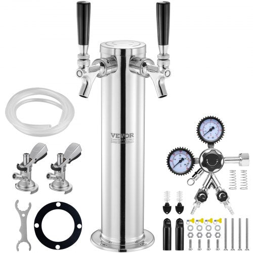 Kegerator Tower Kit, ölkonverteringskit med dubbla kranar, öltornsdispenser i rostfritt stål med dubbel mätare, W21.8-regulator och A-System-fatkoppling, droppbricka för öl för fester och hem.