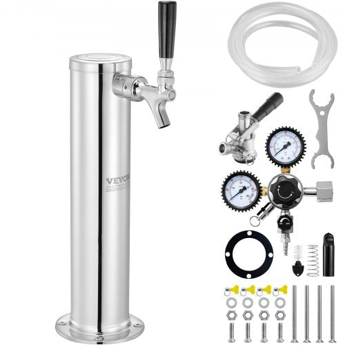 Kegerator Tower Kit, konverteringskit för öl med en tapp, öltornsdispenser i rostfritt stål med dubbel mätare, W21.8-regulator och S-System-fatkoppling för fester och hem