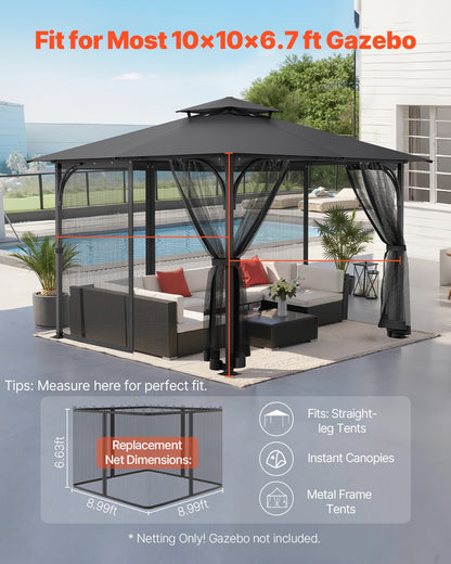 Nät för paviljonger, passar de flesta 10 x 10 x 6,7 fot paviljonggardiner, trädgårdsnät med 4 paneler på sidoväggarna, myggnät för uteplats med dubbel dragkedja, skärm för tak (endast nät)