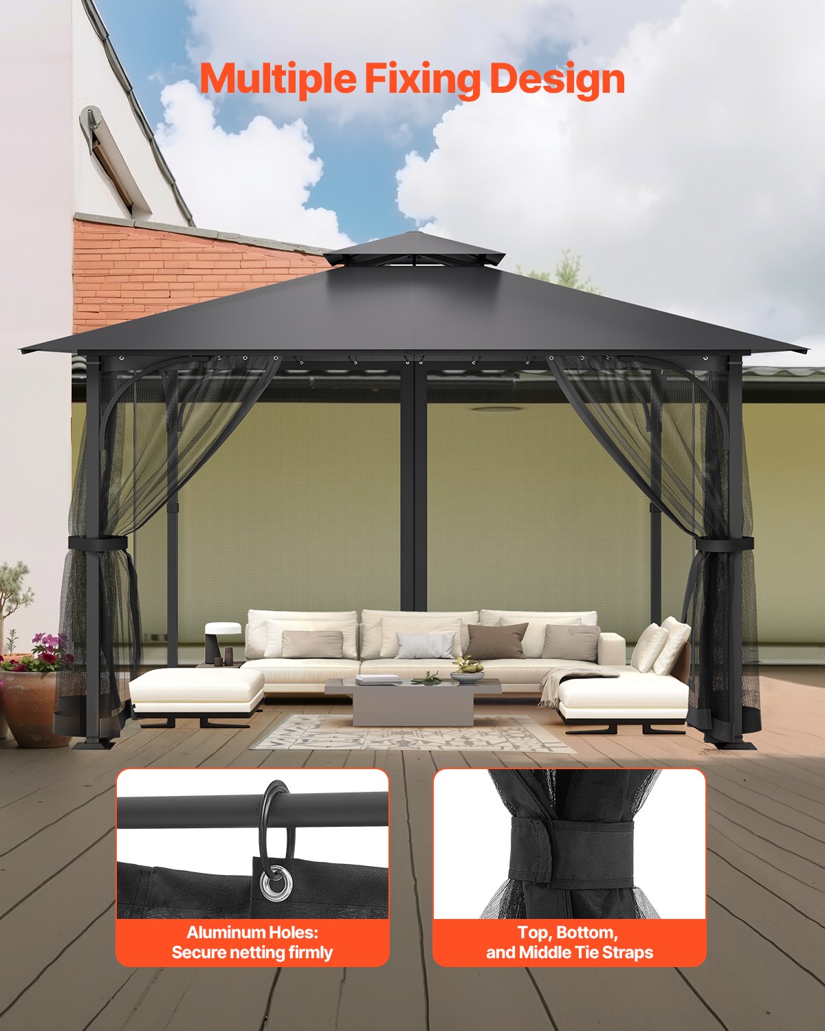 Nät för paviljonger, passar de flesta 10 x 10 x 6,7 fot paviljonggardiner, trädgårdsnät med 4 paneler på sidoväggarna, myggnät för uteplats med dubbel dragkedja, skärm för tak (endast nät)