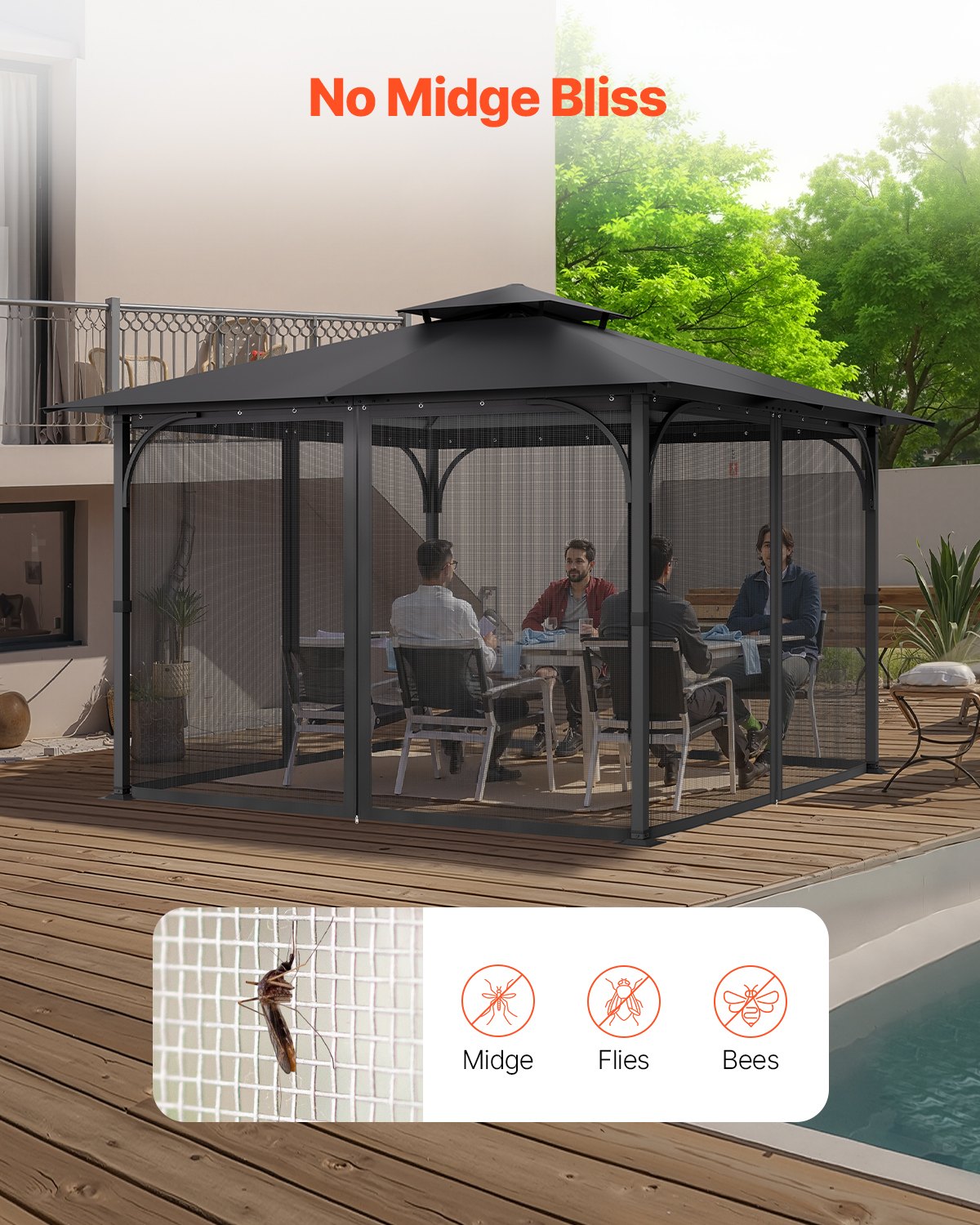 Nät för paviljonger, passar de flesta 10 x 10 x 6,7 fot paviljonggardiner, trädgårdsnät med 4 paneler på sidoväggarna, myggnät för uteplats med dubbel dragkedja, skärm för tak (endast nät)