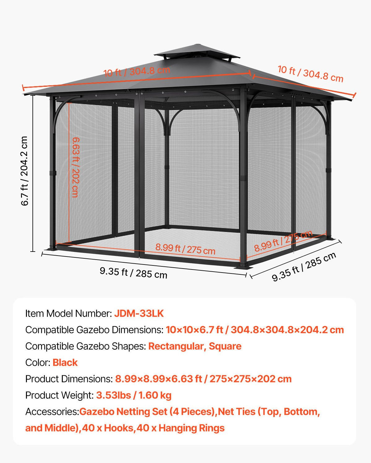Nät för paviljonger, passar de flesta 10 x 10 x 6,7 fot paviljonggardiner, trädgårdsnät med 4 paneler på sidoväggarna, myggnät för uteplats med dubbel dragkedja, skärm för tak (endast nät)