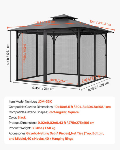 Nät för paviljonger, passar de flesta 10 x 10 x 6,5 fot paviljonggardiner, trädgårdsnät med 4 paneler på sidoväggarna, myggnät för uteplats med dubbel dragkedja, skärm för tak (endast nät)