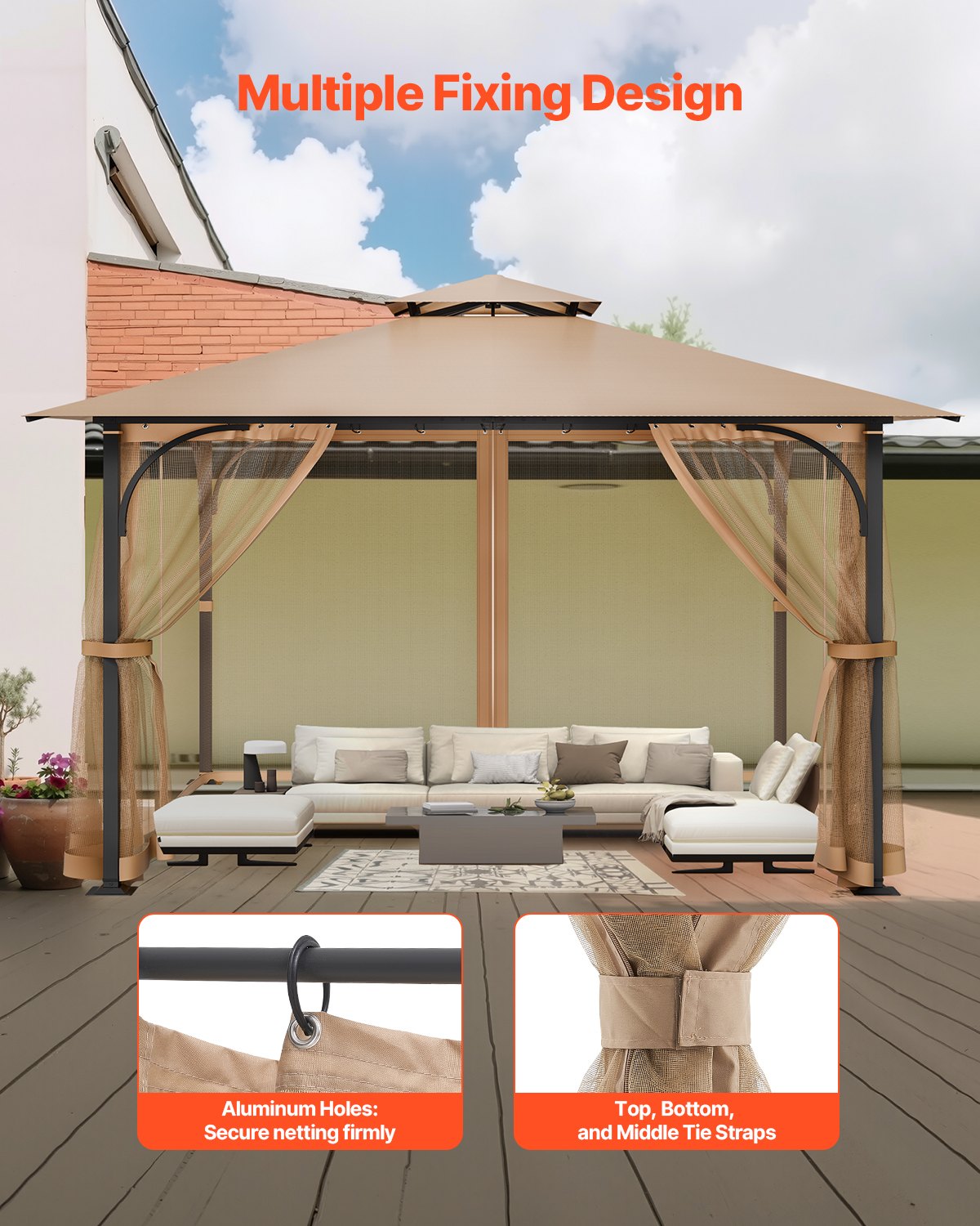 Nät för paviljonger, passar de flesta 10 x 10 x 7 fot paviljonggardiner, trädgårdsnät med 4 paneler på sidoväggarna, myggnät för uteplats med dubbel dragkedja, skärm för tak (endast nät)