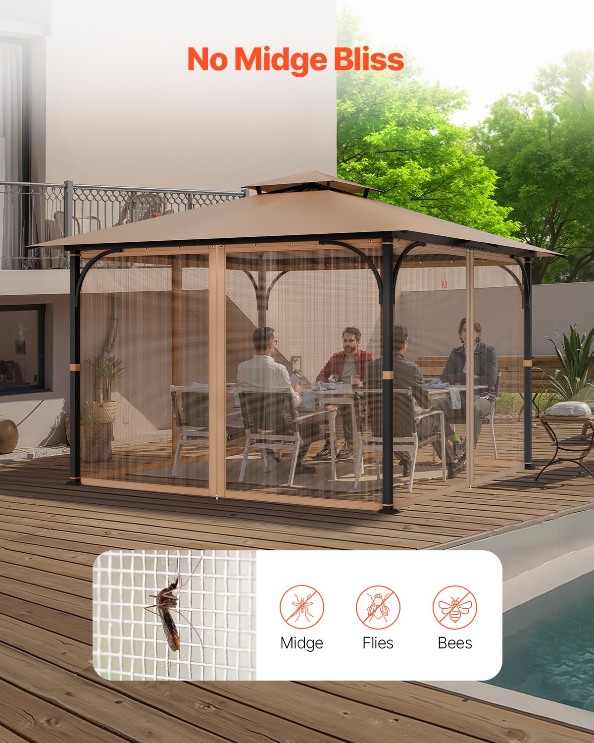 Nät för paviljonger, passar de flesta 10 x 10 x 7 fot paviljonggardiner, trädgårdsnät med 4 paneler på sidoväggarna, myggnät för uteplats med dubbel dragkedja, skärm för tak (endast nät)