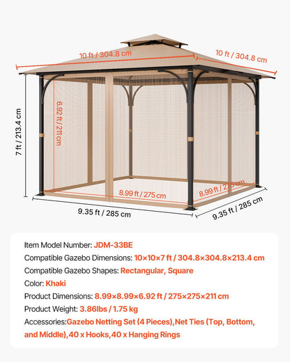 Nät för paviljonger, passar de flesta 10 x 10 x 7 fot paviljonggardiner, trädgårdsnät med 4 paneler på sidoväggarna, myggnät för uteplats med dubbel dragkedja, skärm för tak (endast nät)