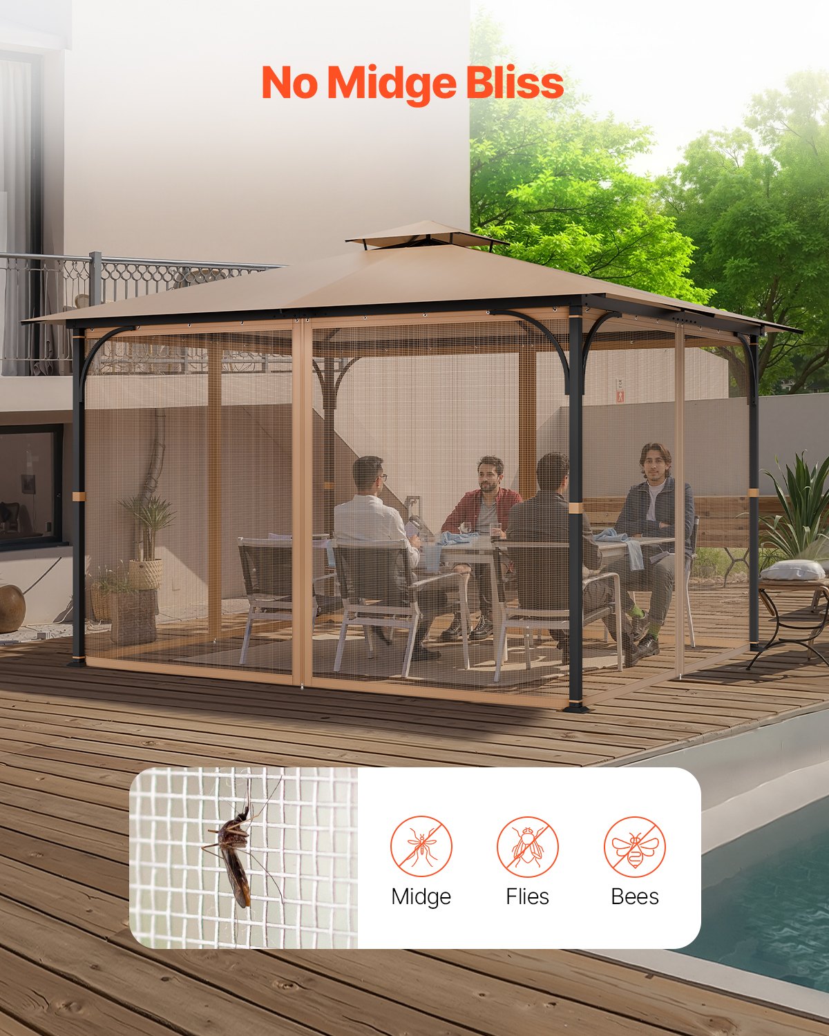 Nät för paviljonger, passar de flesta 10 x 12 x 7,3 fot paviljonger, nät för utomhusträdgård, nätgardin för paviljonger med 4 paneler på sidoväggar, myggnät för uteplats med dubbel dragkedja, skärm (endast nät)