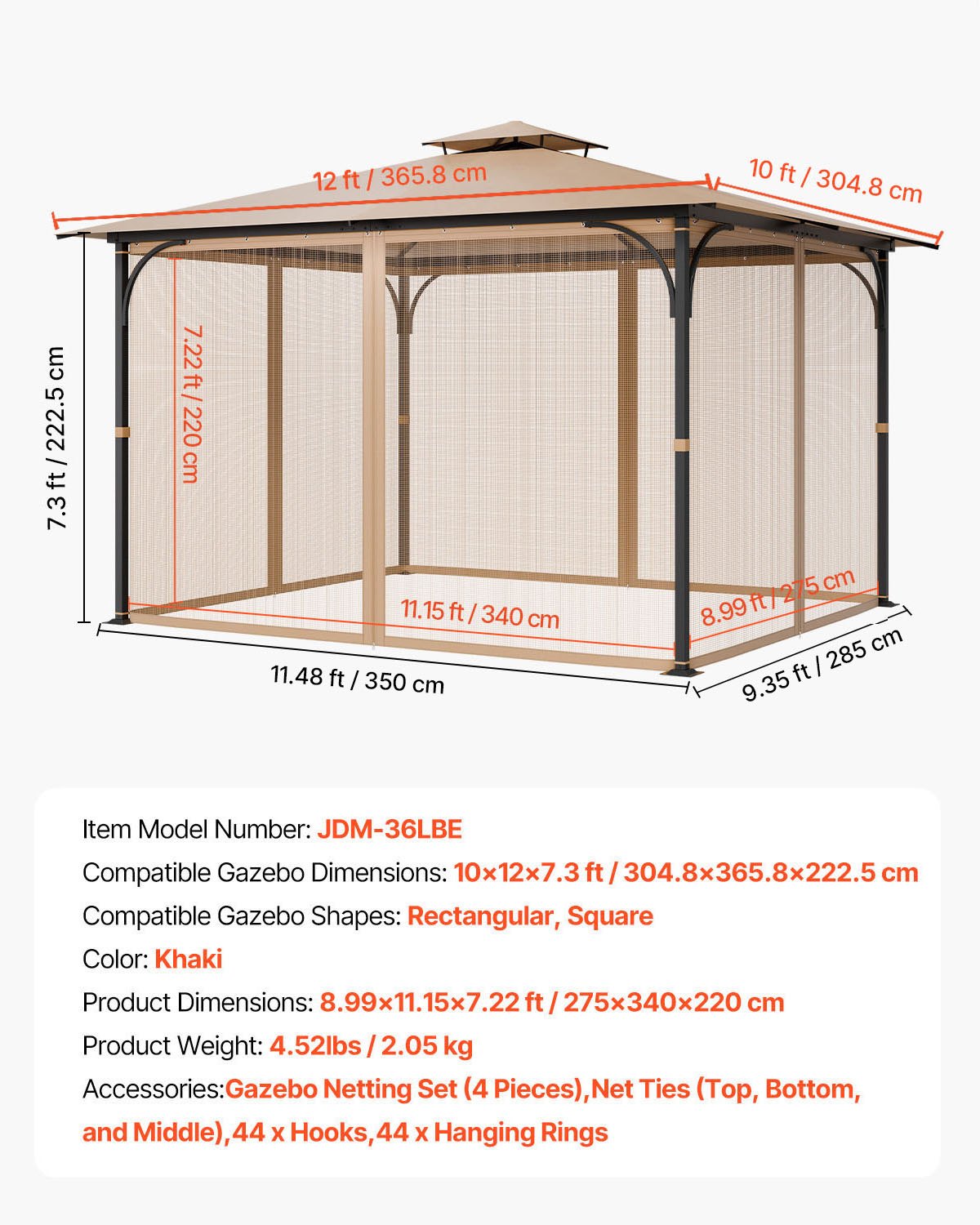 Nät för paviljonger, passar de flesta 10 x 12 x 7,3 fot paviljonger, nät för utomhusträdgård, nätgardin för paviljonger med 4 paneler på sidoväggar, myggnät för uteplats med dubbel dragkedja, skärm (endast nät)