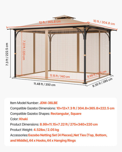 Nät för paviljonger, passar de flesta 10 x 12 x 7,3 fot paviljonger, nät för utomhusträdgård, nätgardin för paviljonger med 4 paneler på sidoväggar, myggnät för uteplats med dubbel dragkedja, skärm (endast nät)