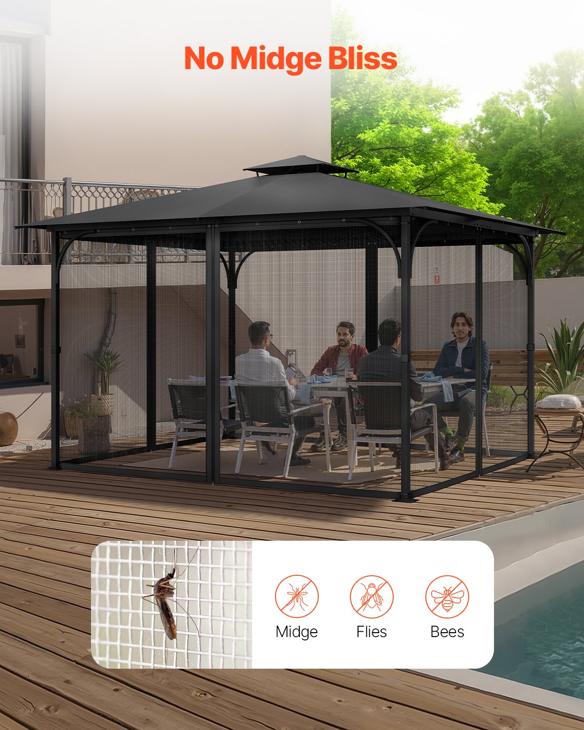 Nät för paviljonger, passar de flesta 10 x 13 x 6,8 fot paviljonggardiner, trädgårdsnät med 4 paneler på sidoväggarna, myggnät för uteplats med dubbel dragkedja, skärm för tak (endast nät)