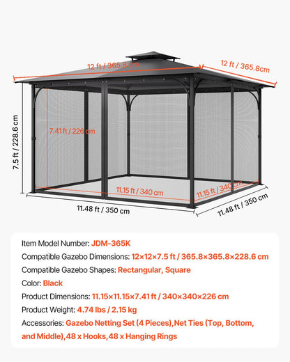 Nät för paviljonger, passar de flesta 12 x 12 x 7,5 fot paviljonggardiner, trädgårdsnät med 4 paneler på sidoväggarna, myggnät för uteplatser med dubbel dragkedja, skärm för tak (endast nät)