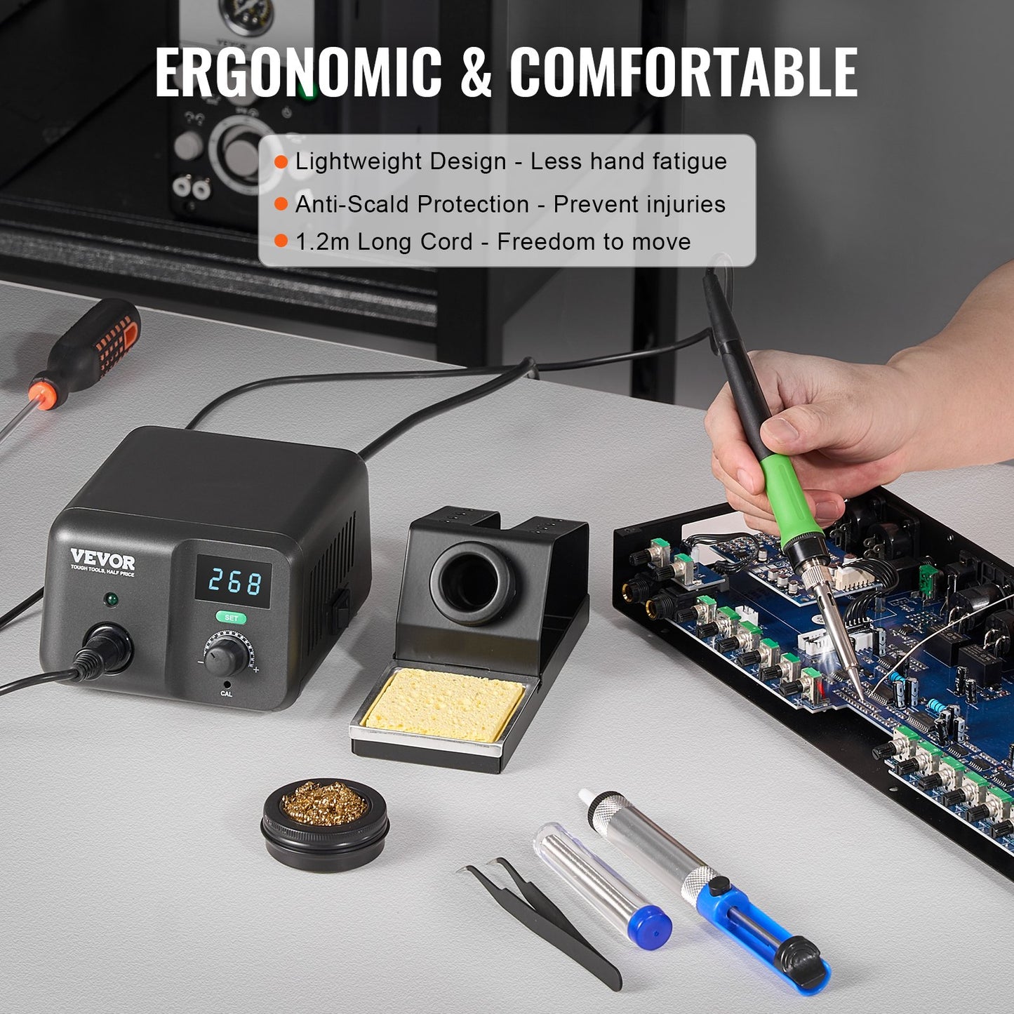Lödkolvsstation, 70W digital display lödstationssats, 122°F-932°F temperaturkontroll och inbyggd transformator, automatiskt standby- och viloläge, med 5 lödspetsar, blyfritt lödmedel, pincett