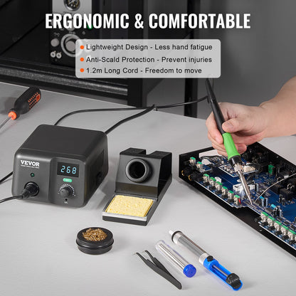 Lödkolvsstation, 70W digital display lödstationssats, 122°F-932°F temperaturkontroll och inbyggd transformator, automatiskt standby- och viloläge, med 5 lödspetsar, blyfritt lödmedel, pincett