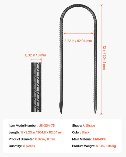 12-Inch 8 Pack Rebar Stakes 304,8x82,04 mm Heavy Duty U Shape Galvanized Ground Anchors