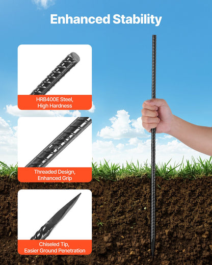 Rebar Stakes, 609,6 mm / 24-Inch, Heavy-Duty 0.47 in Diameter, Straight Galvanized Steel Ground Anchors with Chisel Point End & Rust-Resistant Coating, for Gardening Support, Fence, Camping Tents (20-Pack)