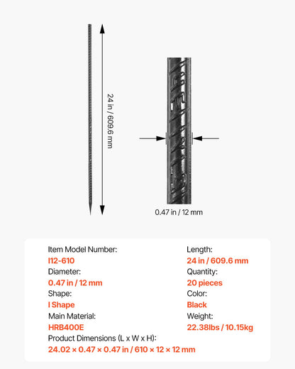 Rebar Stakes, 609,6 mm / 24-Inch, Heavy-Duty 0.47 in Diameter, Straight Galvanized Steel Ground Anchors with Chisel Point End & Rust-Resistant Coating, for Gardening Support, Fence, Camping Tents (20-Pack)