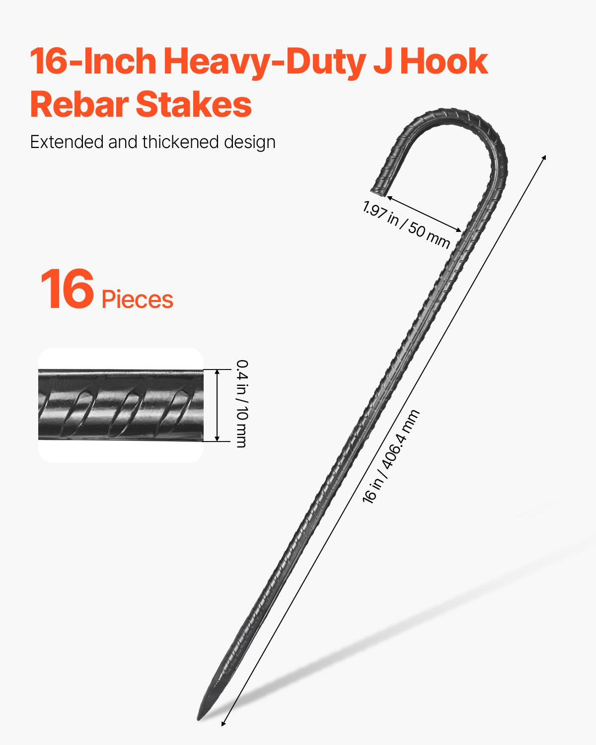 Rebar Stakes, 406,4 mm / 16-Inch, Heavy-Duty 0.4 in Diameter J Hook, Galvanized Steel Ground Anchors with Chisel Point End & Rust-Resistant Coating, for Gardening Support, Fence, Camping Tents (16-Pack)