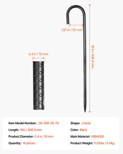 Rebar Stakes, 406,4 mm / 16-Inch, Heavy-Duty 0.4 in Diameter J Hook, Galvanized Steel Ground Anchors with Chisel Point End & Rust-Resistant Coating, for Gardening Support, Fence, Camping Tents (16-Pack)