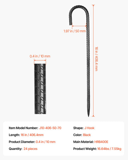 406,4 mm / 16-Inch 24 Pack Rebar Stakes Heavy Duty J Hook Galvanized Ground Anchors