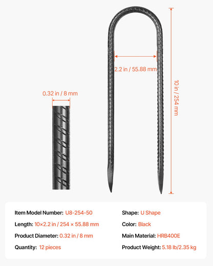 254x55,88mm / 10-Inch 12 Pack Rebar Stakes Heavy Duty U Shape Galvanized Ground Anchors