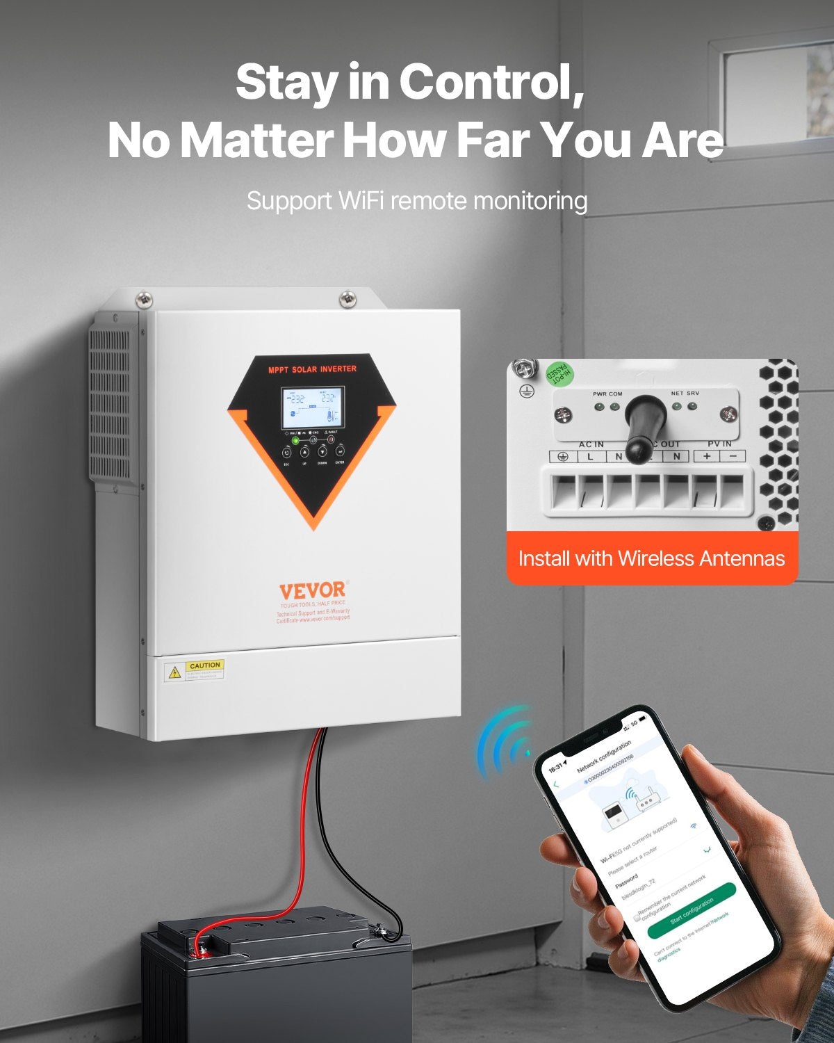 Hybrid solväxelriktare, 3500W, allt-i-ett ren sinusvågsväxelriktare, 24V DC till 220/230V AC, med inbyggd WIFI 100A MPPT solcellsregulator, för off-grid system med blysyralitiumbatteri