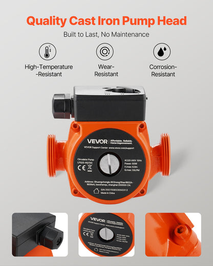 LPS25-6S/130 Cast Iron Circulator Pump, 1/8 HP, 220-240V 55 LPM Hot Water Recirculating Circulation Pump, Threaded Connection, 3-Speed Adjustment, Quiet Operation, for Home Heating System