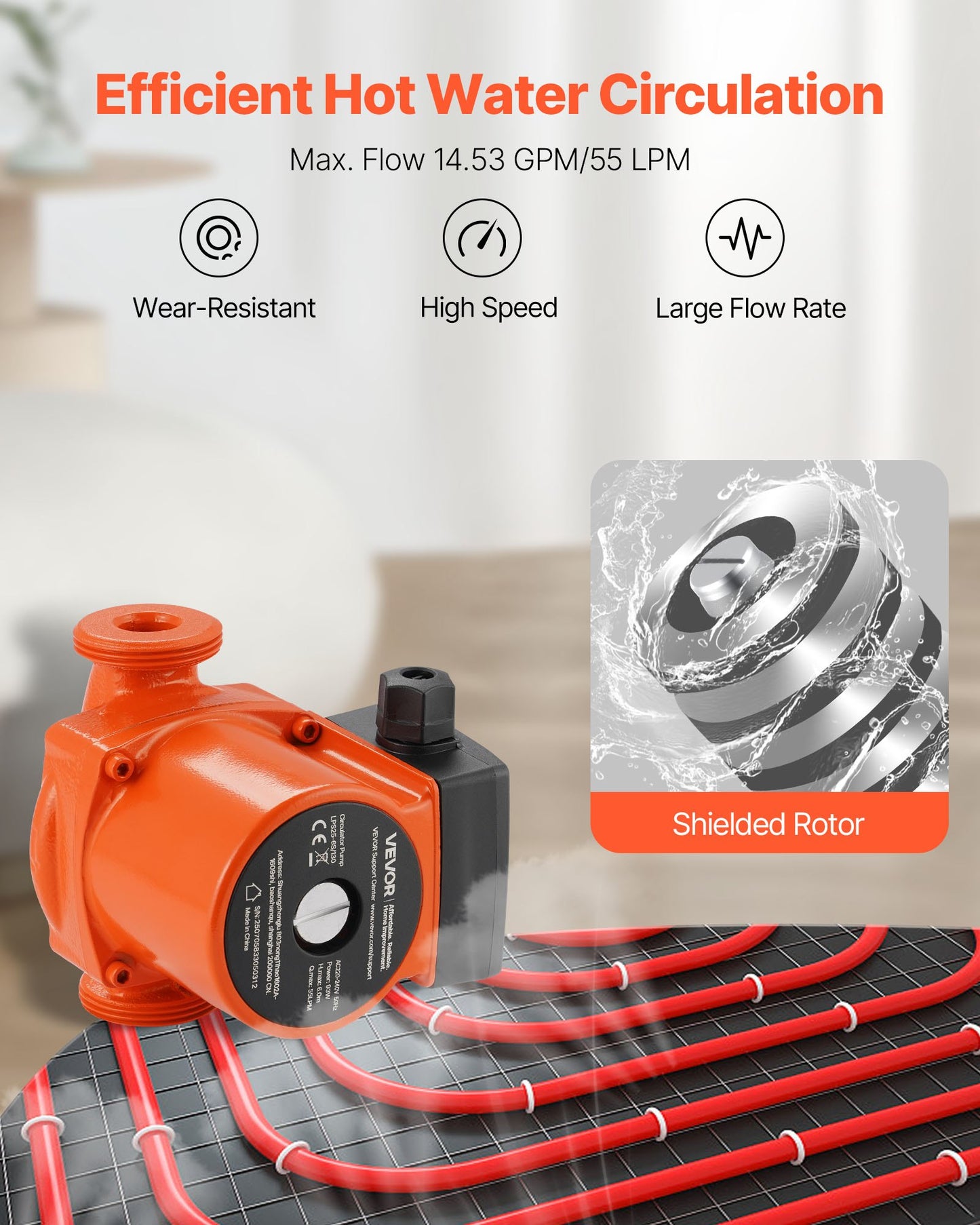 LPS25-6S/130 Cast Iron Circulator Pump, 1/8 HP, 220-240V 55 LPM Hot Water Recirculating Circulation Pump, Threaded Connection, 3-Speed Adjustment, Quiet Operation, for Home Heating System