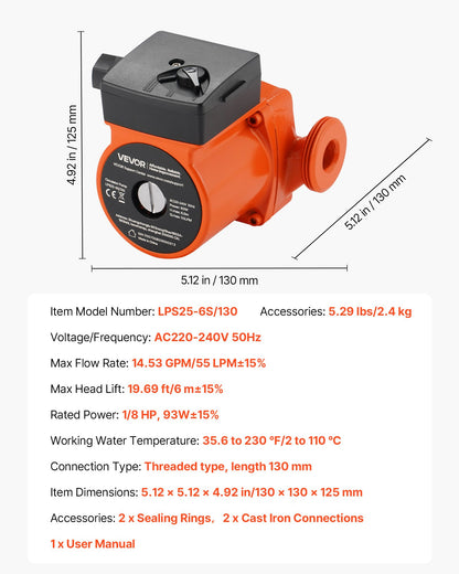 LPS25-6S/130 Cast Iron Circulator Pump, 1/8 HP, 220-240V 55 LPM Hot Water Recirculating Circulation Pump, Threaded Connection, 3-Speed Adjustment, Quiet Operation, for Home Heating System