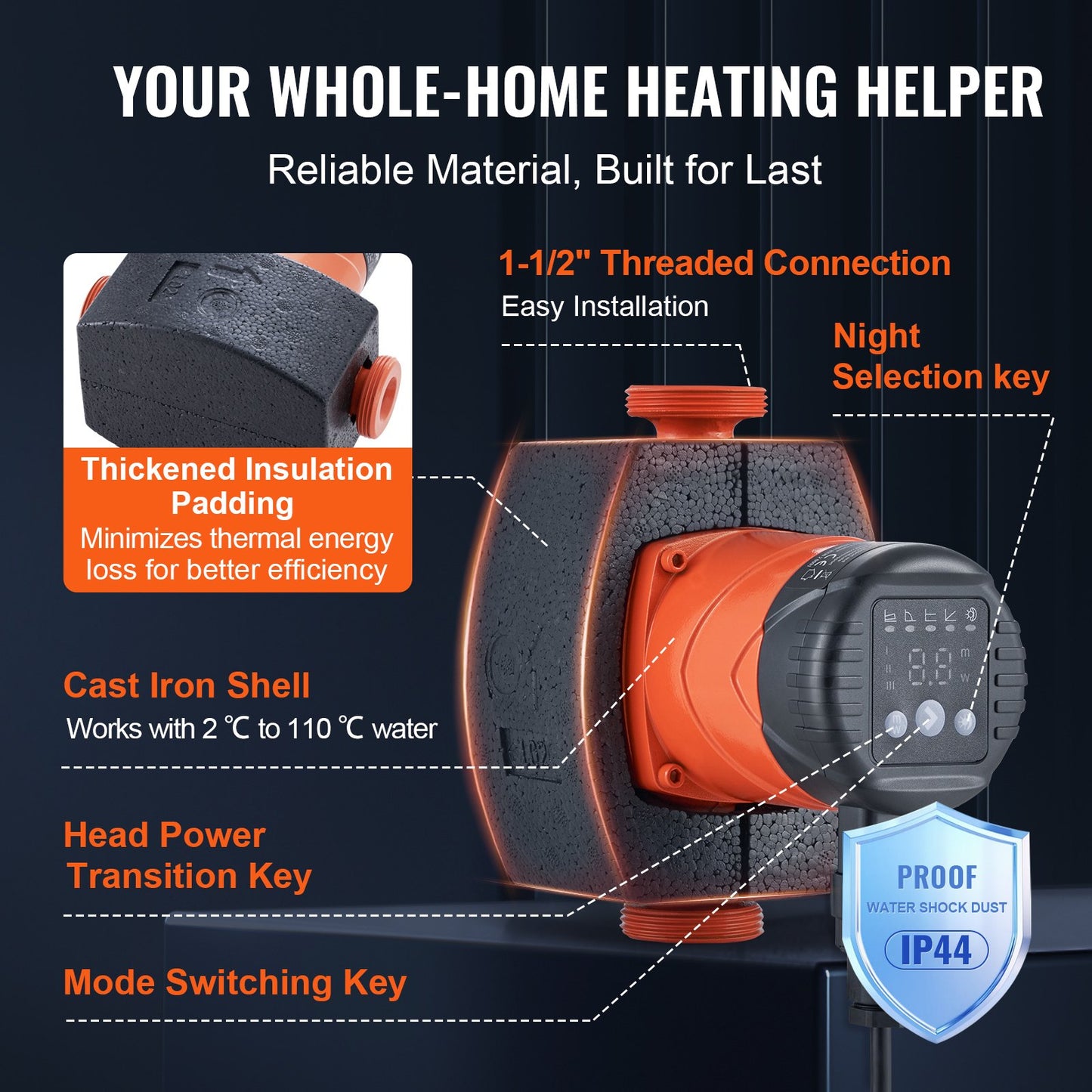 LPS25-8BP-180 Varmvattencirkulationspump, 220V, 60W 67 L/min Högeffektiv cirkulationspump, EMC Automatisk vattencirkulationspump 38 mm (1,5") Gängad NPT-cirkulationspump för varmvattenberedare