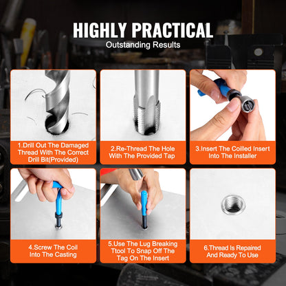 Helicoil-gängreparationssats, 338-delars SAE- och metriska gängverktygssats, M5, M6, M8, M10, M12, 1/4", 5/16", 3/8", 7/16", 1/2", HSS-borr, gänginsatser, gängtappar, avbrytningsverktyg