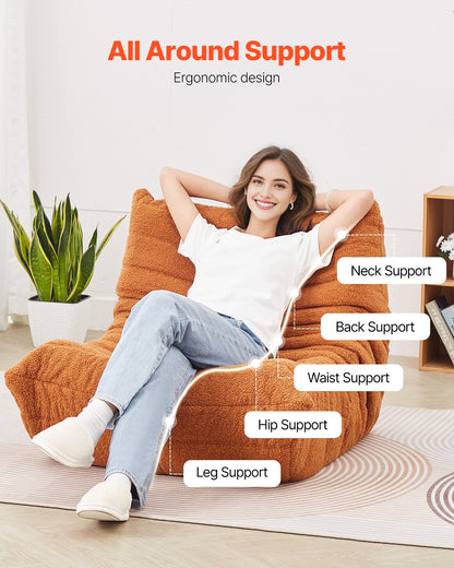 Bean Bag Chair, L-Shaped Bean Bag Chair with Soft Armrests and Storage Pocket, 25D Memory Foam Filled with Soft Teddy Velvet Cover, Bean Bag for Bedroom or Playroom, Brown