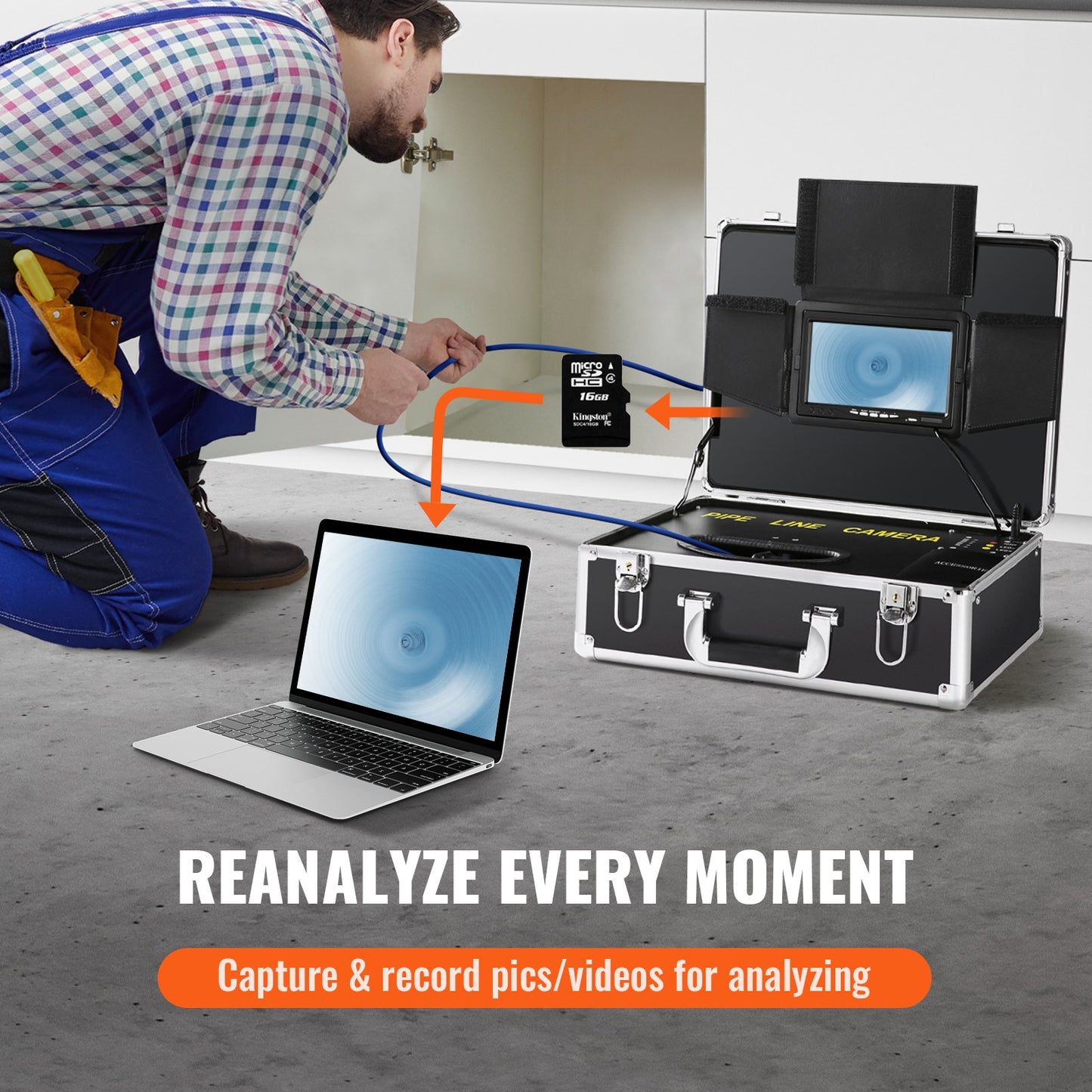 Sewer Camera, 165 ft/50 m, 7" Screen Pipeline Inspection Camera with DVR Function, Waterproof IP68 Camera, 12pcs Adjustable LED, with a 16 GB SD Card for Sewer Line, Duct Drain Pipe Plumbing