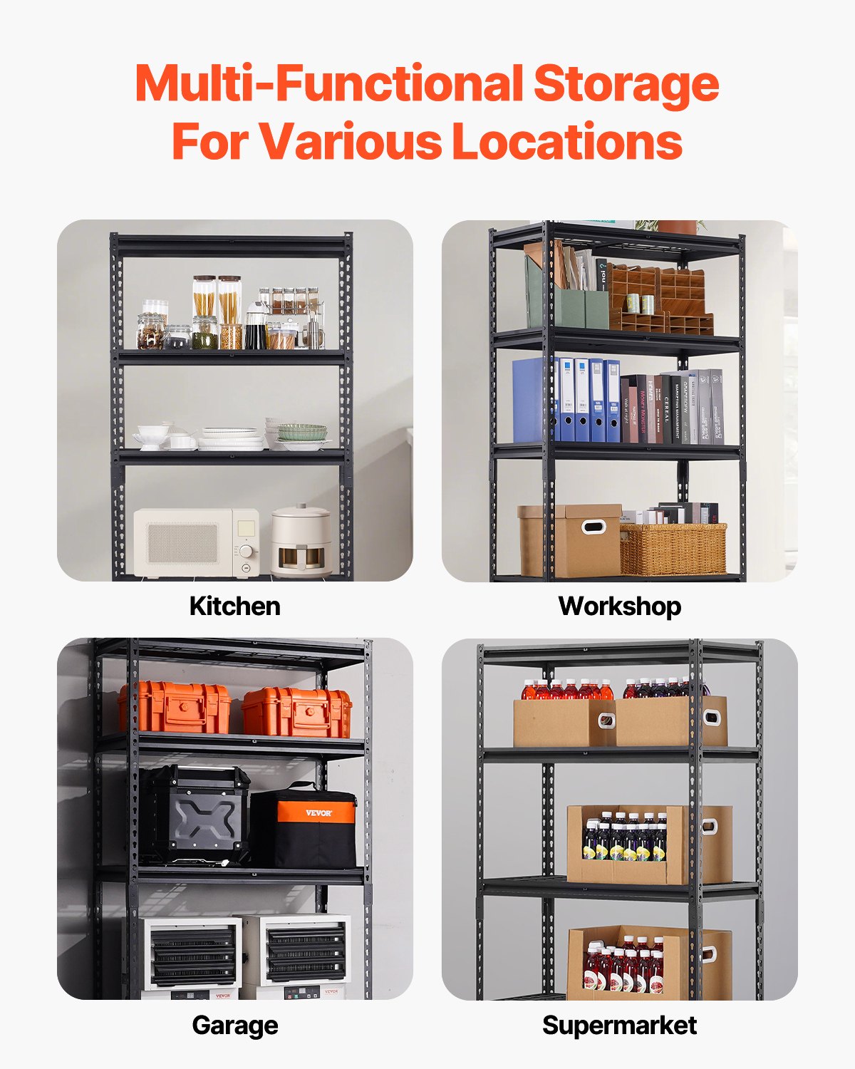 Storage Shelves, 2000 lbs, 5 Tier Heavy Duty Garage Shelving, 16" D x 36" W x 72" H Adjustable Metal Shelves for Industrial Shelving Unit Utility Shelf, for Kitchen, Warehouse, Basement, Black