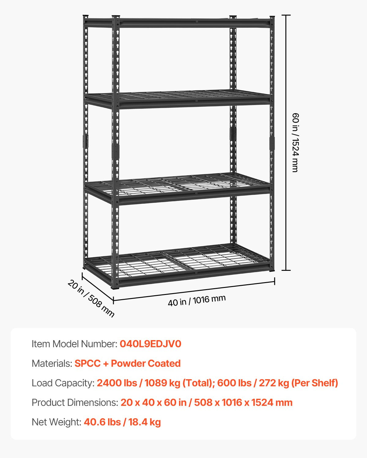 Förvaringshyllor, 2400 lbs, 4-våningars kraftiga garagehyllor, 20" D x 40" B x 60" H Justerbara metallhyllor för industriella hyllenheter, för kök, lager, källare, svarta